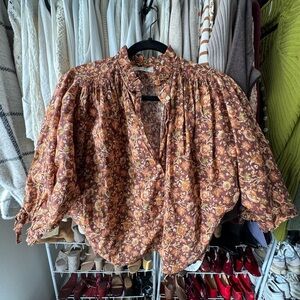Doen Rust Floral Puff-Sleeve Blouse